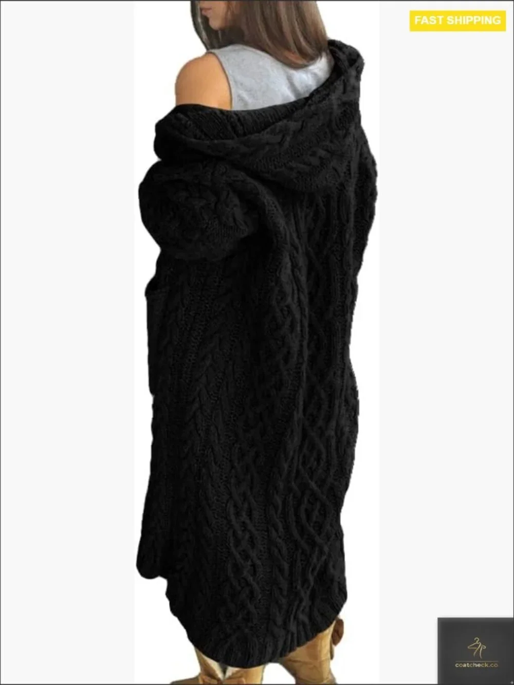 Oversized Cable Knit Cardigan Long Sleeve Open Front Hooded Chunky Sweater